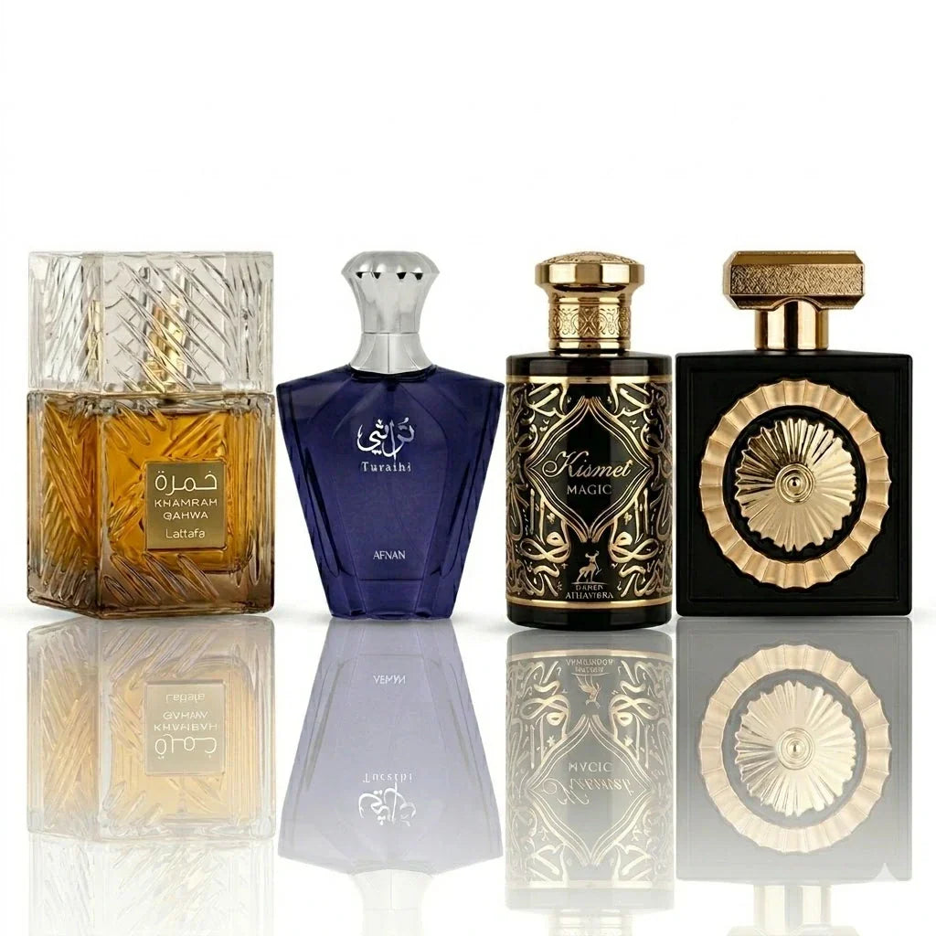 4 parfüümi komplekt | Lattafa Khamrah Qahwa, Afnan Turathi Blue, Maison Alhambra Kismet Magic, Lattafa Nebras