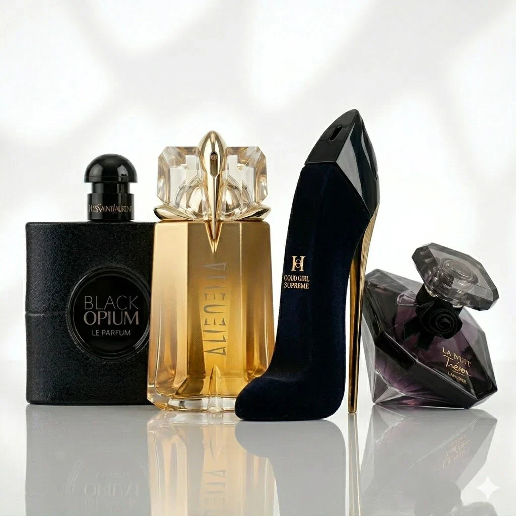 4 parfüümi komplekt | YSL Black Opium Le Parfum, Mugler Alien Goddess, Carolina Herrera Good Girl Supreme, Lancôme La Nuit Trésor