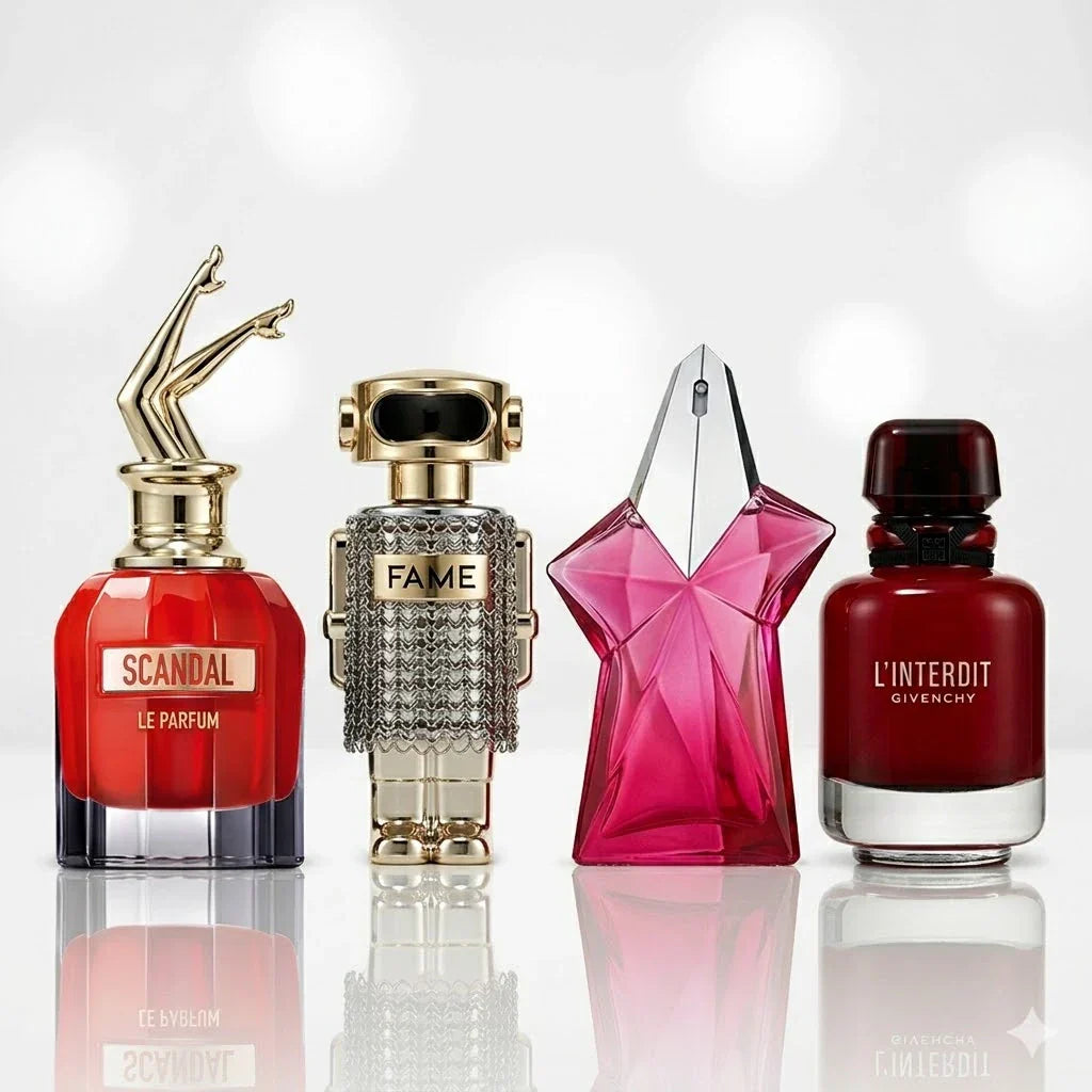 4 parfüümi komplekt | Jean Paul Gaultier Scandal Le Parfum, Paco Rabanne Fame, Mugler Angel Nova, Givenchy L'Interdit Rouge