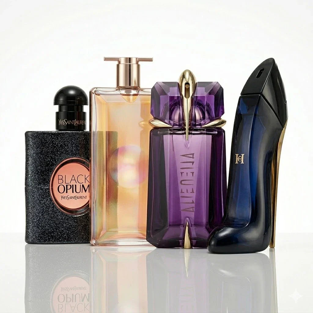 4 parfüümi komplekt | YSL Black Opium, Lancôme Idôle, Mugler Alien, Carolina Herrera Good Girl.