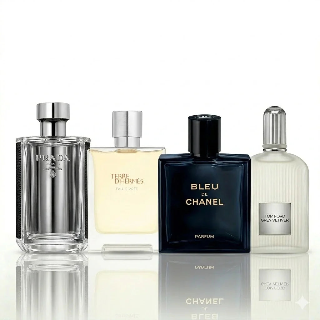 4 parfüümi komplekt | Prada L’Homme, Terre d’Hermès Eau Givrée, Bleu de Chanel Parfum, Tom Ford Grey Vetiver
