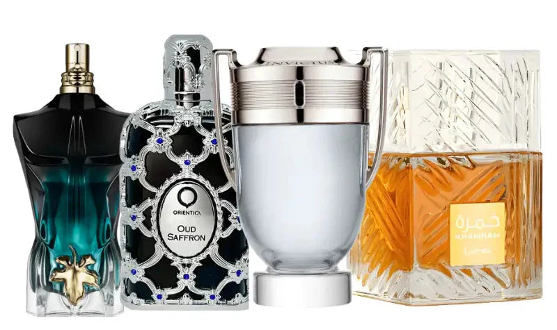 4 parfüümi komplekt | Oud Saffron, Invictus, Le Beau Le Parfum, Khamrah