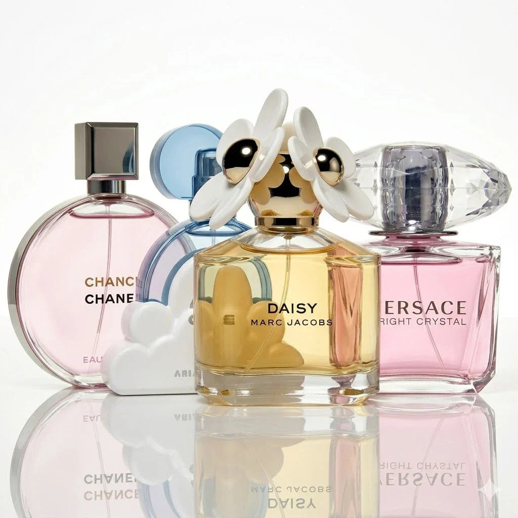 4 parfüümi komplekt | Chanel Chance Eau Tendre, Ariana Grande Cloud, Marc Jacobs Daisy, Versace Bright Crystal.