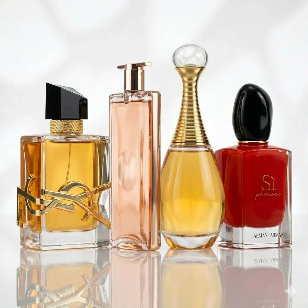 4 parfüümi komplekt | YSL Libre Intense, Lancôme Idôle Now, Dior J'adore, Armani Sì Passione.
