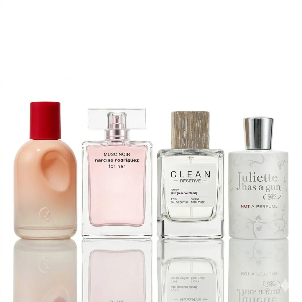 4 parfüümi komplekt | Glossier You, Narciso Rodriguez For Her Musc Noir, Clean Reserve Skin, Juliette Has A Gun Not A Perfume