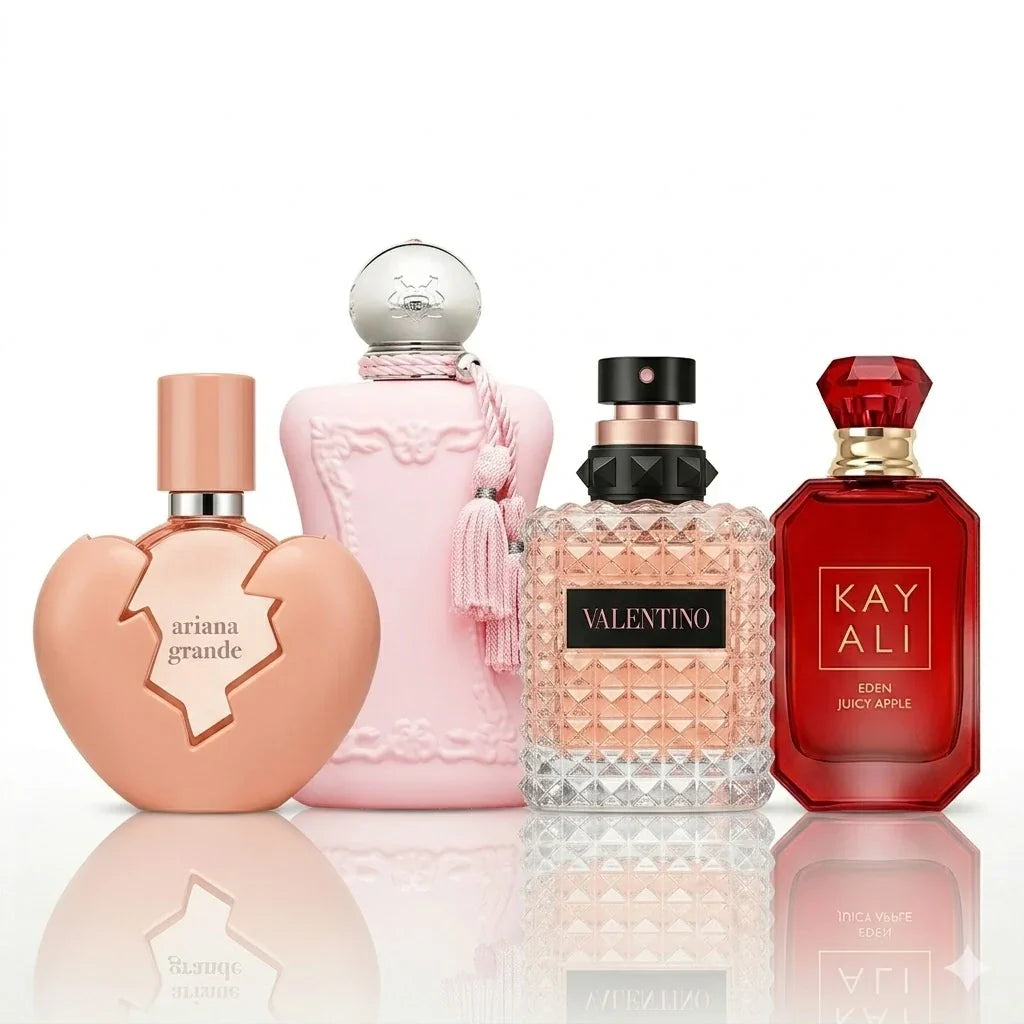 4 parfüümi komplekt | Ariana Grande Thank U Next, Parfums de Marly Delina Exclusif, Valentino Donna Born In Roma e Kayali Eden Juicy Apple.