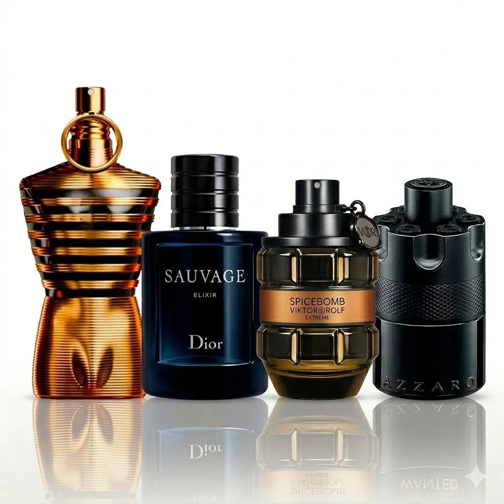 4 parfüümi komplekt | Jean Paul Gaultier Le Male Elixir, Dior Sauvage Elixir, Viktor&Rolf Spicebomb Extreme, Azzaro The Most Wanted